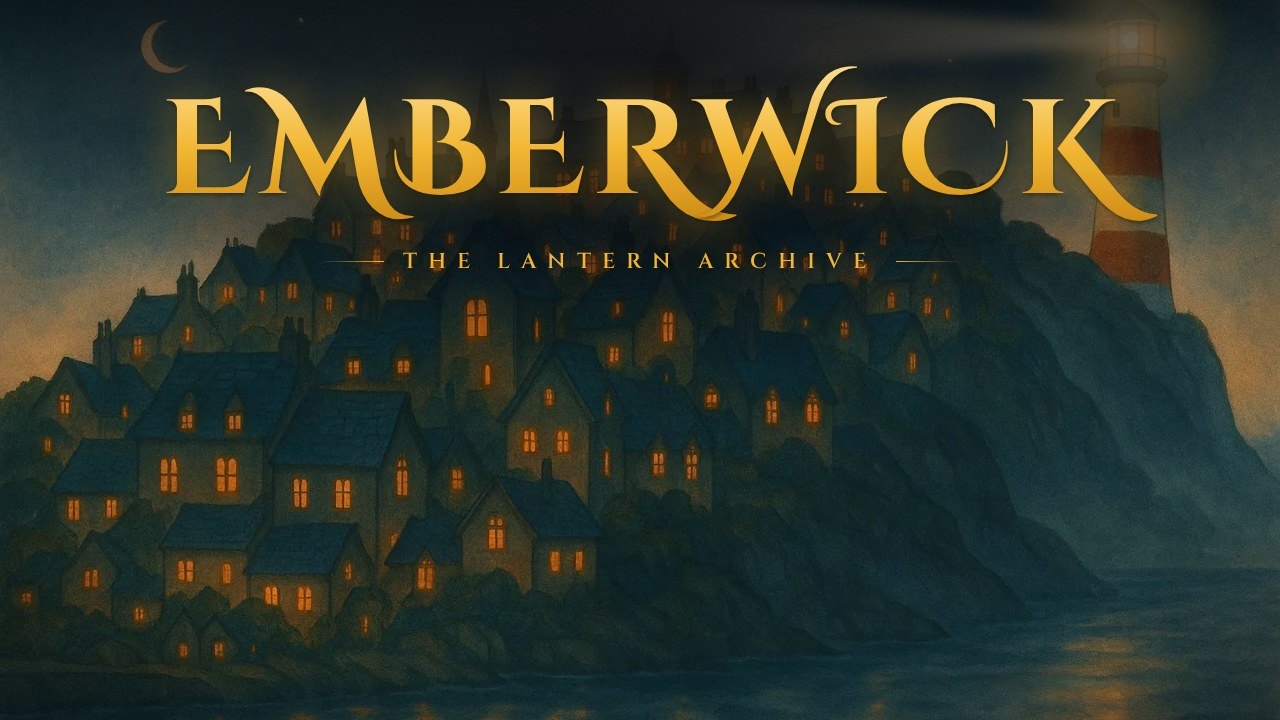 Emberwick: a painted harbour town at night under a lighthouse