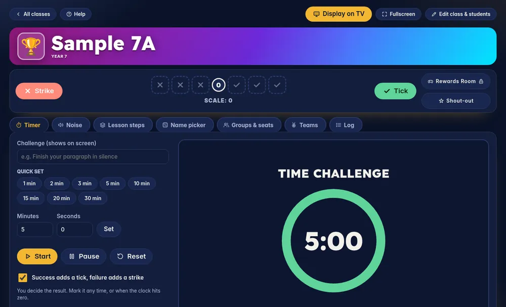Star Class HQ class screen with the behaviour scale, tick and strike buttons, and a five minute time challenge